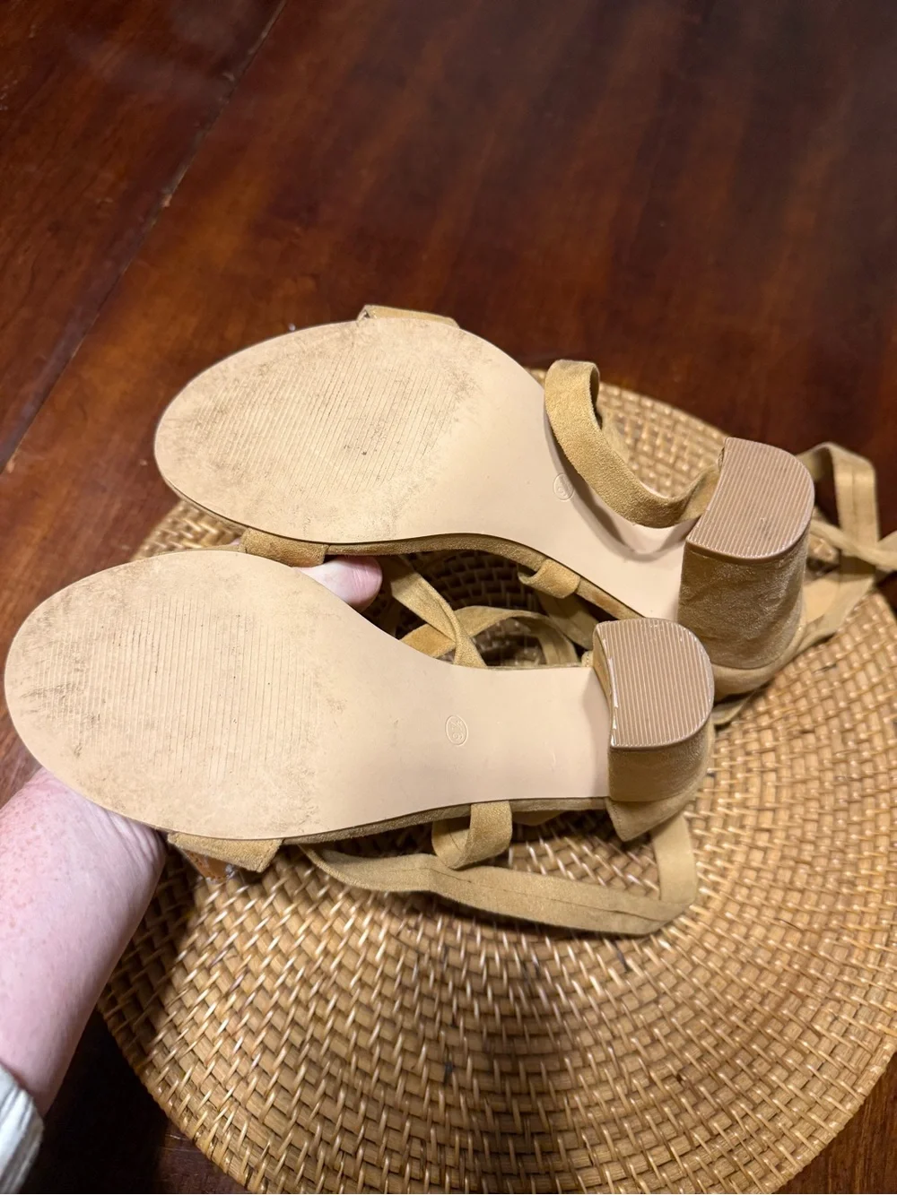 Suede Strappy Lace-Up‎ Sandals in Camel